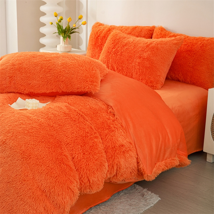 91家纺网 家纺一手货源 找家纺 品尚嘉家纺2025新款纯色水貂绒四件套长毛绒保暖套件桔色