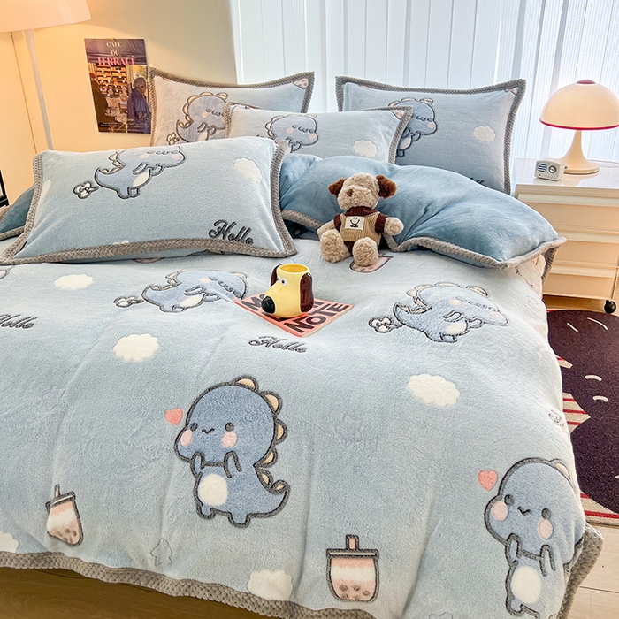 91家纺网 家纺一手货源 找家纺 倾慕家纺 2024新款加厚保暖6D立体雪花绒系列-单被套 奶茶小龙蓝