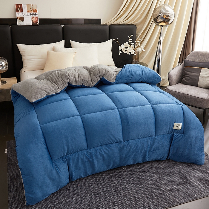 91家纺网 家纺一手货源 找家纺 梦恬佳 2024新款牛奶绒羊羔绒冬被被子被芯 蓝灰色