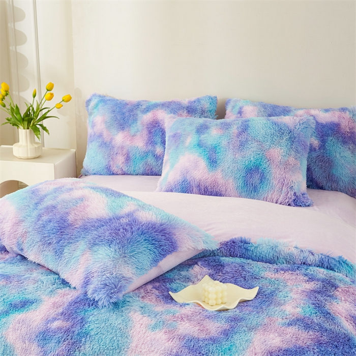 91家纺网 家纺一手货源 找家纺 品尚嘉家纺2025新款扎染水貂绒四件套长毛绒保暖套件扎染-兰彩虹