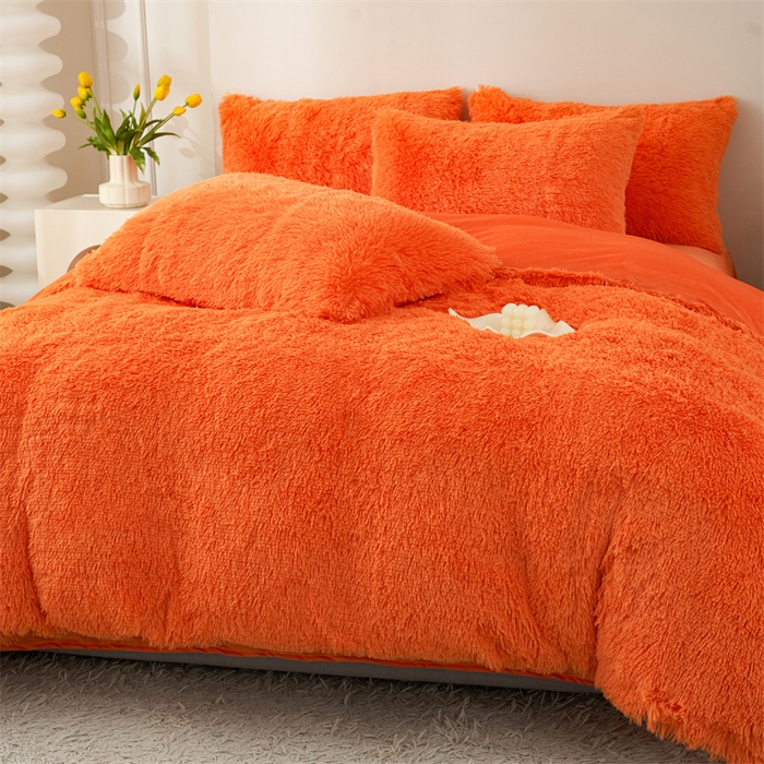 91家纺网 家纺一手货源 找家纺 品尚嘉家纺2025新款纯色水貂绒四件套长毛绒保暖套件桔色