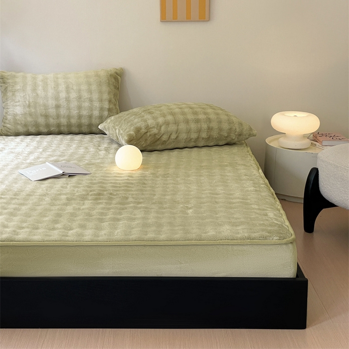 91家纺网 家纺一手货源 找家纺 欧邦 新款泡泡绒仿兔毛牛奶绒床笠可搭配同款毛毯（外贸供货） 泡泡芥黄