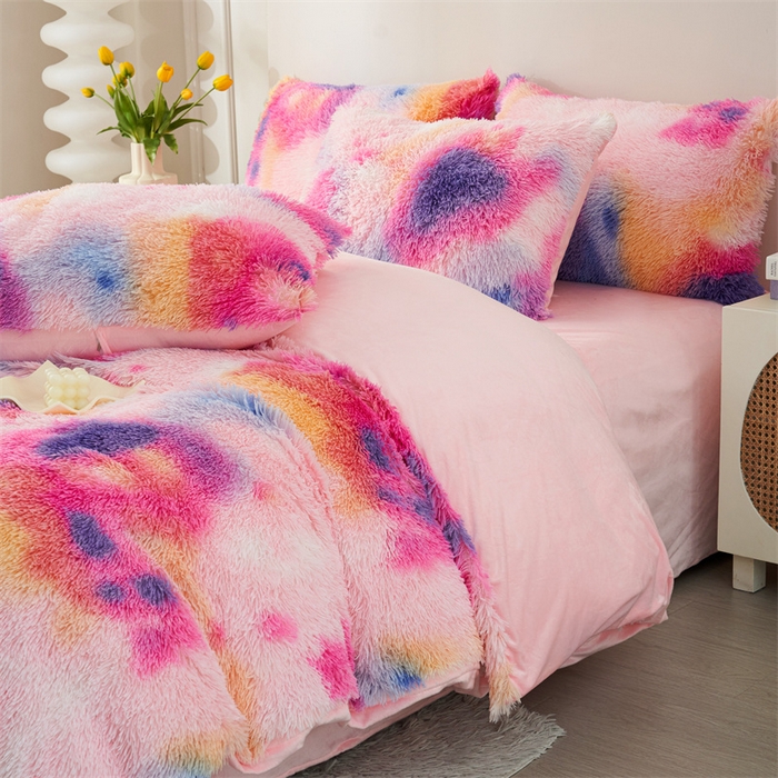 91家纺网 家纺一手货源 找家纺 品尚嘉家纺2025新款扎染水貂绒四件套长毛绒保暖套件扎染-新彩虹