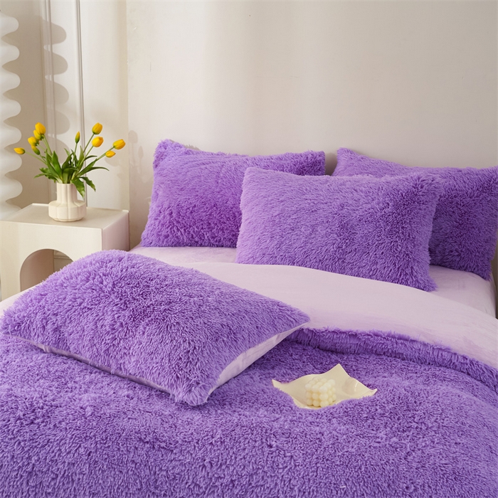 91家纺网 家纺一手货源 找家纺 品尚嘉家纺2025新款纯色水貂绒四件套长毛绒保暖套件浅紫