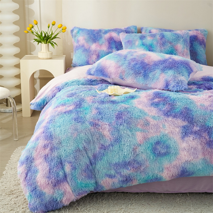 91家纺网 家纺一手货源 找家纺 品尚嘉家纺2025新款扎染水貂绒四件套长毛绒保暖套件扎染-兰彩虹