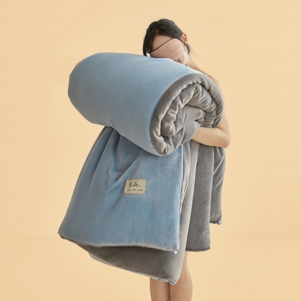 2024新款双面牛奶绒德绒拼色冬被四件套 德绒拼色-浅蓝