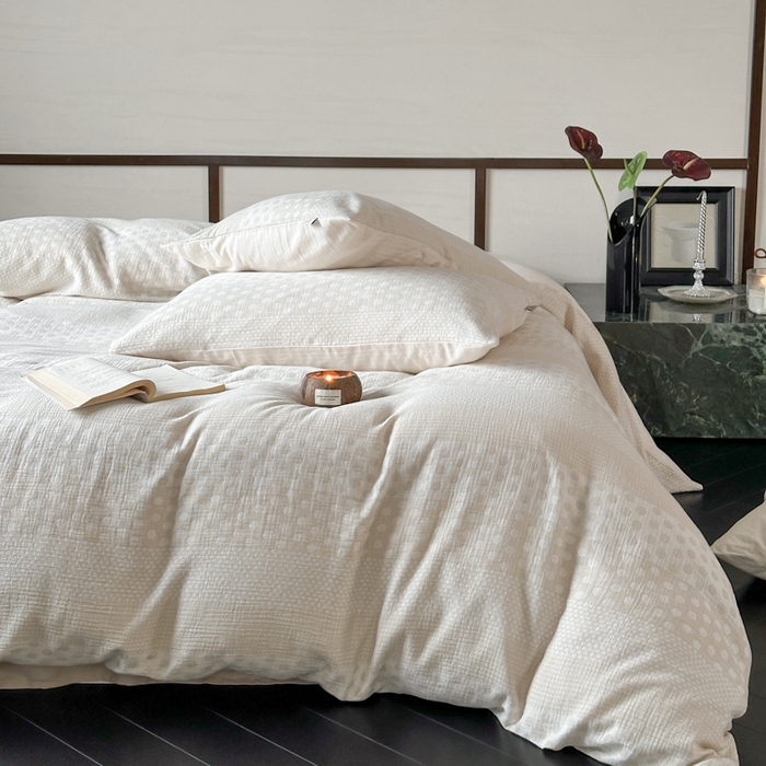 91家纺网 家纺一手货源 找家纺 玛奇朵 2024新品韩国A类色织简约双面波点提花双层皱皱纱-波尔卡舞曲 波尔卡舞曲-杏