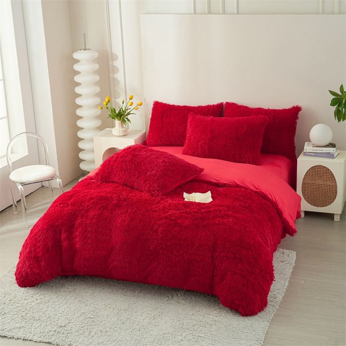 91家纺网 家纺一手货源 找家纺 品尚嘉家纺2025新款纯色水貂绒四件套长毛绒保暖套件大红