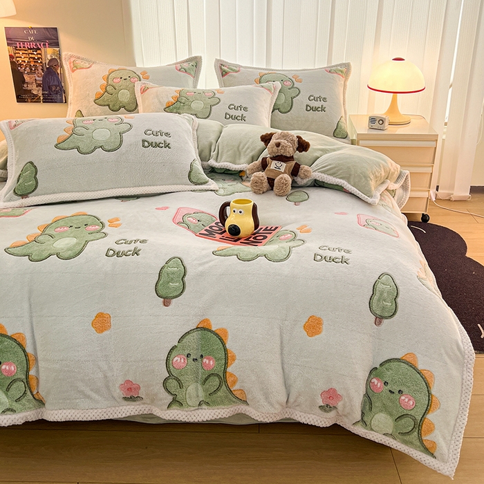 91家纺网 家纺一手货源 找家纺 倾慕家纺 2024新款加厚保暖6D立体雪花绒系列-四件套 绿色小龙