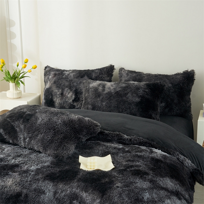 91家纺网 家纺一手货源 找家纺 品尚嘉家纺2025新款扎染水貂绒四件套长毛绒保暖套件扎染-黑色