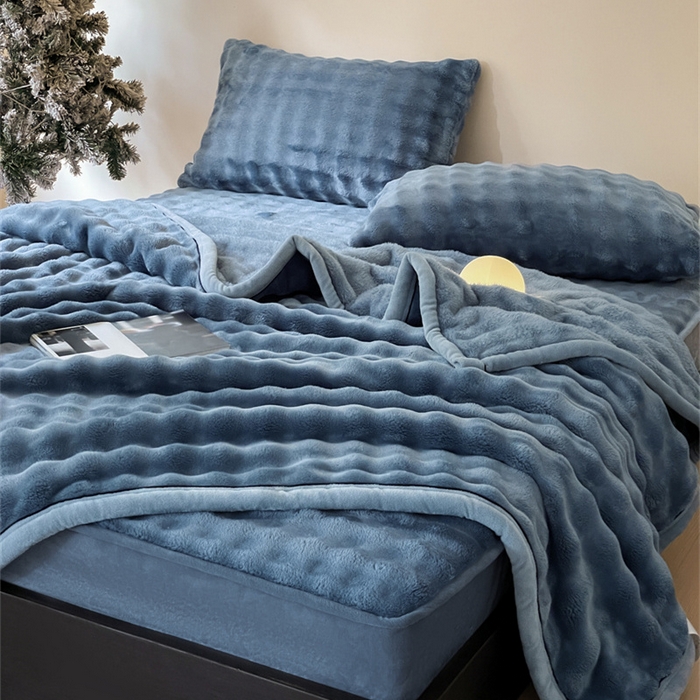 91家纺网 家纺一手货源 找家纺 欧邦 新款泡泡绒仿兔毛牛奶绒床笠可搭配同款毛毯（外贸供货） 泡泡宝蓝