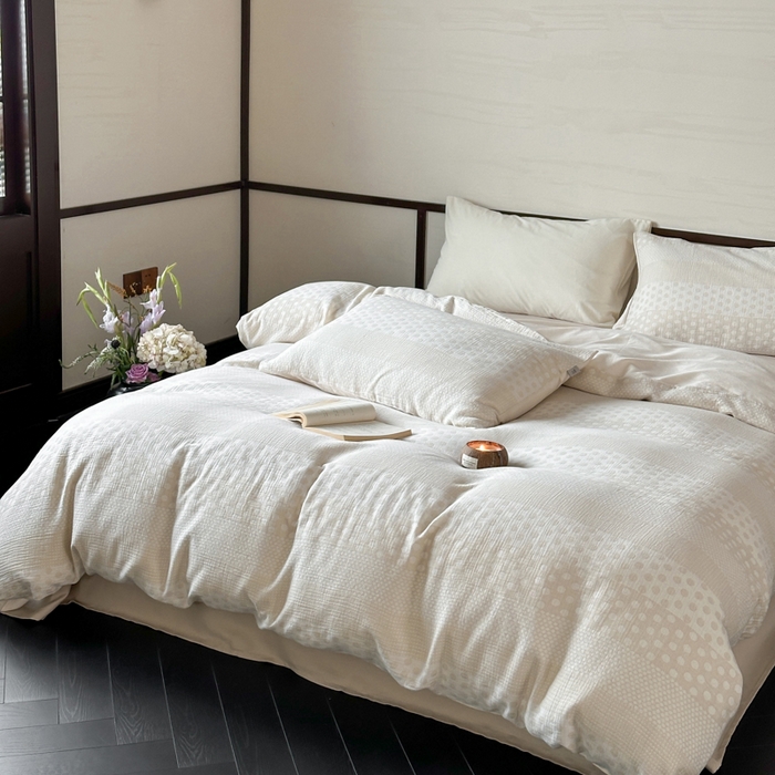 91家纺网 家纺一手货源 找家纺 玛奇朵 2024新品韩国A类色织简约双面波点提花双层皱皱纱-波尔卡舞曲 波尔卡舞曲-杏