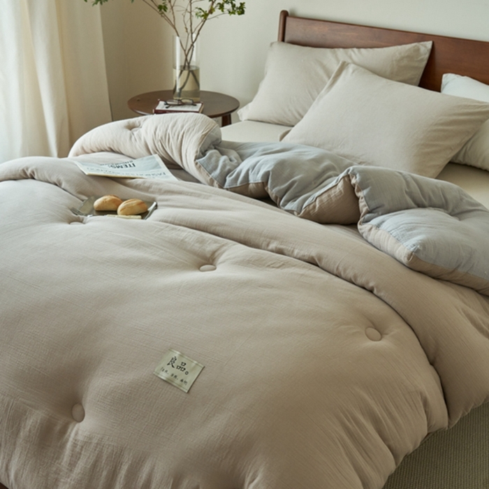 91家纺网 家纺一手货源 找家纺 子由 2024新款双层皱皱纱大豆纤维冬被被子被芯 双层纱-驼+灰