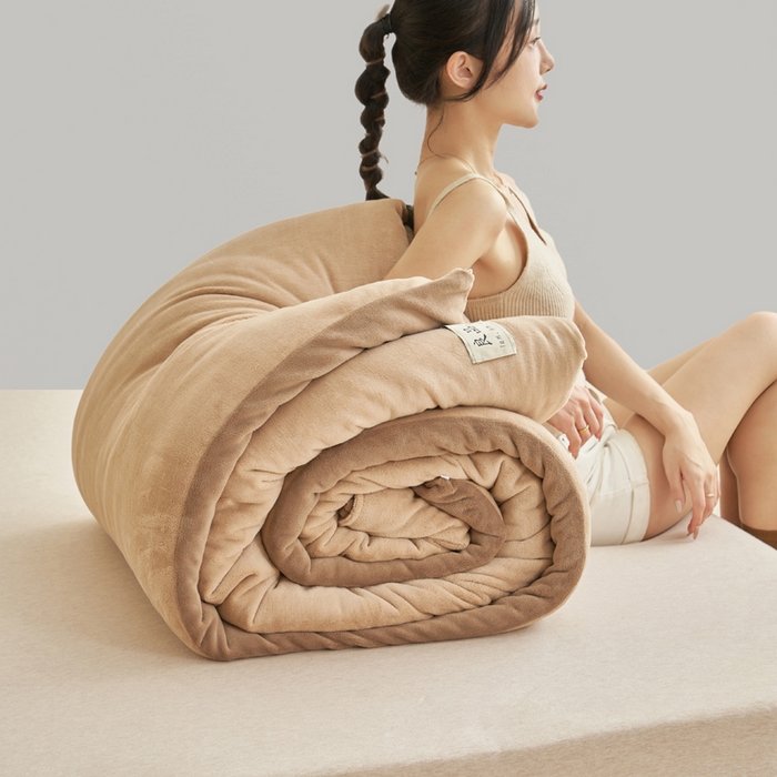 91家纺网 家纺一手货源 找家纺 2024新款双面牛奶绒德绒拼色冬被四件套 德绒拼色-浅驼