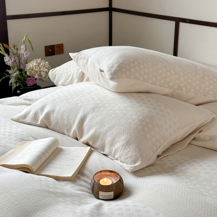 91家纺网 家纺一手货源 找家纺 玛奇朵 2024新品韩国A类色织简约双面波点提花双层皱皱纱-波尔卡舞曲 波尔卡舞曲-杏