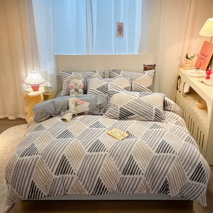2024新款时尚高级经典轻奢北欧简约加厚200克牛奶绒四件套 绒-几何空间