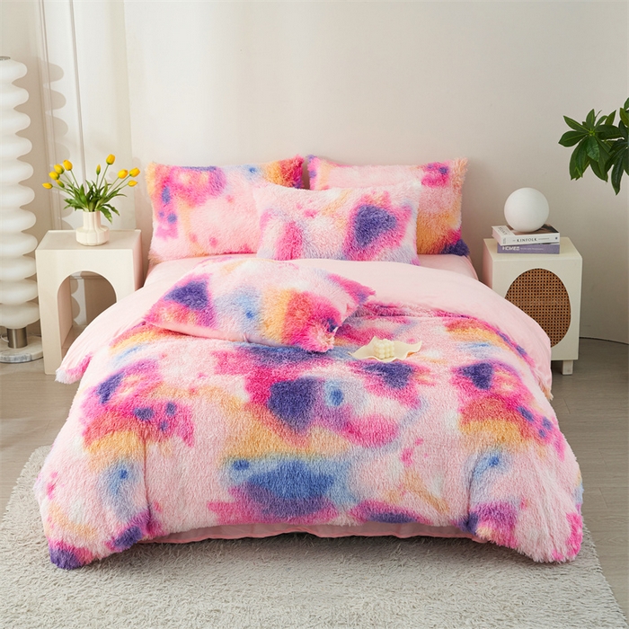 91家纺网 家纺一手货源 找家纺 品尚嘉家纺2025新款扎染水貂绒四件套长毛绒保暖套件扎染-新彩虹