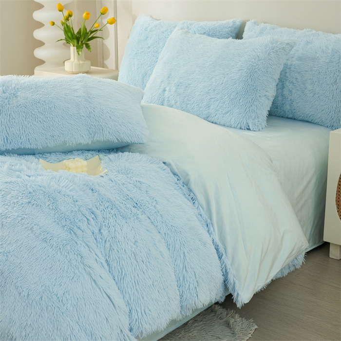 91家纺网 家纺一手货源 找家纺 品尚嘉家纺2025新款纯色水貂绒四件套长毛绒保暖套件水蓝