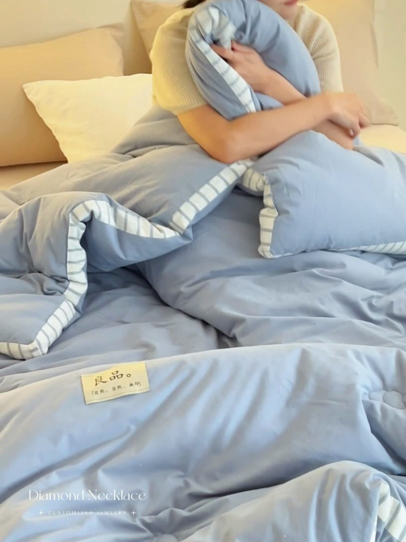 91家纺网 家纺一手货源 找家纺 2024新款b类简约条纹立体大豆纤维冬被被子被芯 条纹立体-浅蓝