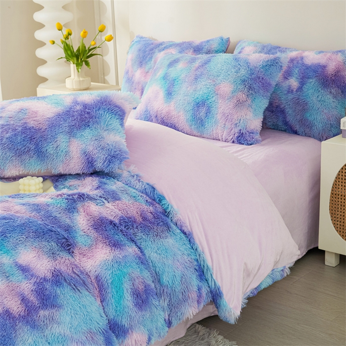 91家纺网 家纺一手货源 找家纺 品尚嘉家纺2025新款扎染水貂绒四件套长毛绒保暖套件扎染-兰彩虹