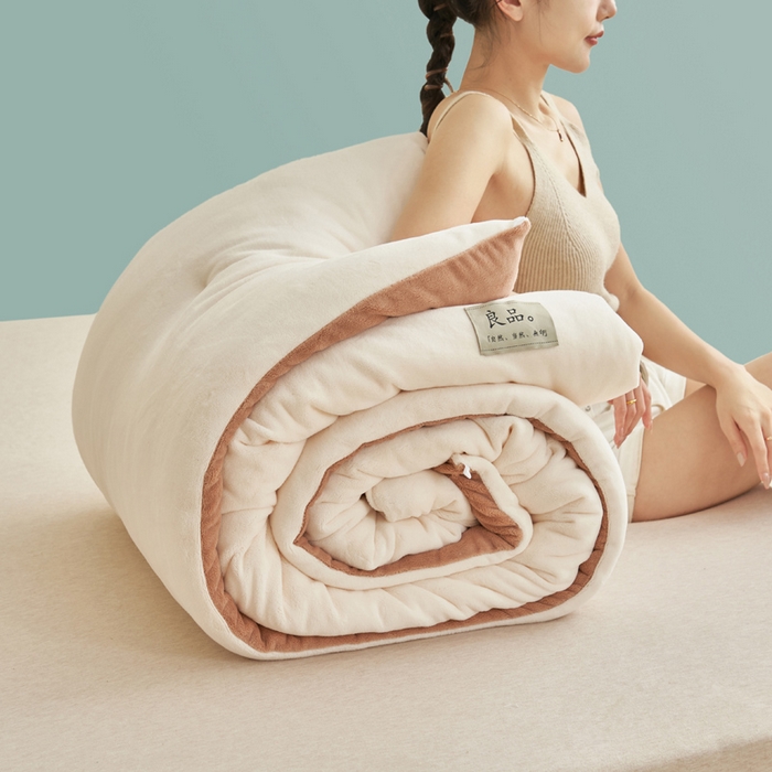 91家纺网 家纺一手货源 找家纺 2024新款双面牛奶绒德绒拼色冬被四件套 德绒拼色-椰白