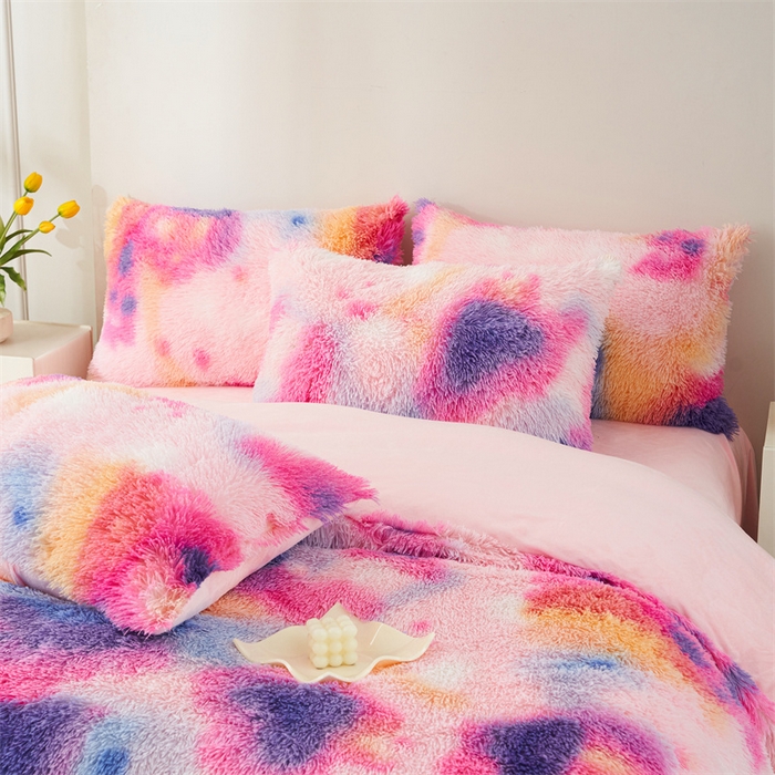 91家纺网 家纺一手货源 找家纺 品尚嘉家纺2025新款扎染水貂绒四件套长毛绒保暖套件扎染-新彩虹