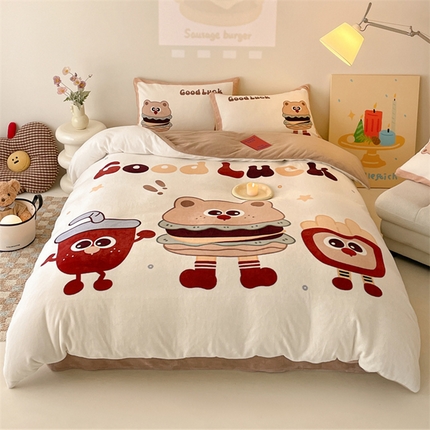 91家纺网 家纺一手货源 找家纺 星座家纺 2025新款大版卡通牛奶绒四件套 薯条汉堡