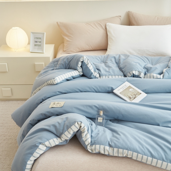 91家纺网 家纺一手货源 找家纺 2024新款b类简约条纹立体大豆纤维冬被被子被芯 条纹立体-浅蓝