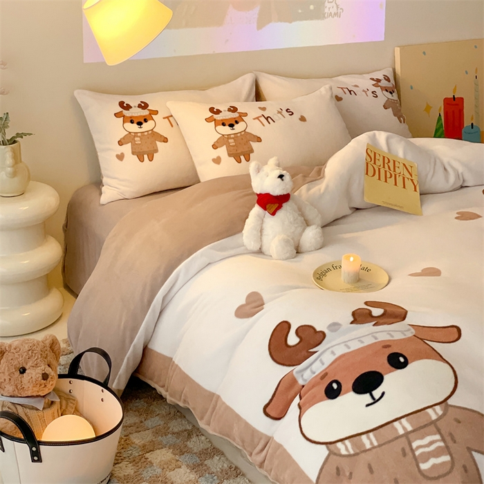 91家纺网 家纺一手货源 找家纺 星座家纺 2025新款大版卡通牛奶绒四件套 圣诞小鹿