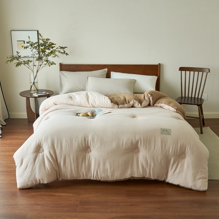 91家纺网 家纺一手货源 找家纺 子由 2024新款双层皱皱纱大豆纤维冬被被子被芯 双层纱-木棉色