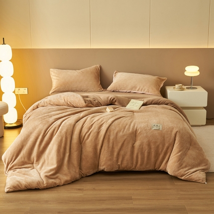 2024新款牛奶绒提花围棋格冬被四件套 格子-撞色奶咖