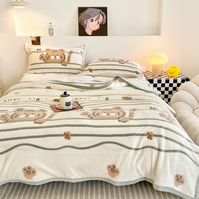 91家纺网 家纺一手货源 找家纺 倾慕家纺 2024新款加厚保暖6D立体雪花绒系列-毛毯 欢乐小虎