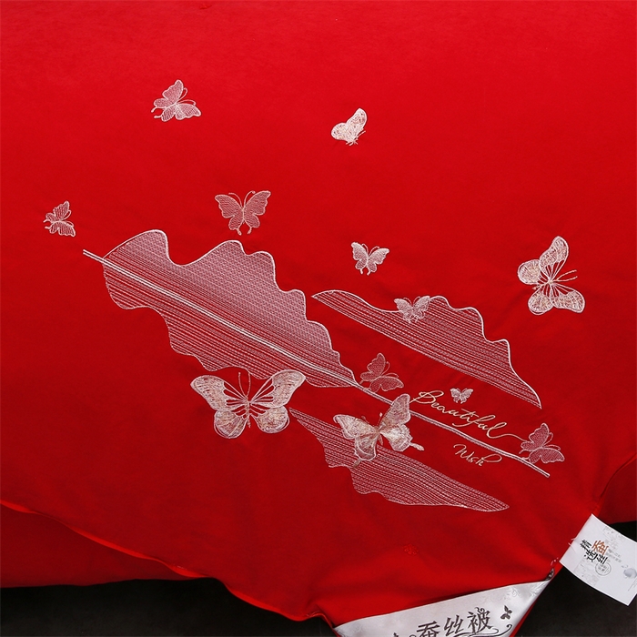 91家纺网 家纺一手货源 找家纺 恒鑫 2025新款全棉绣花桑蚕丝冬被春秋被拉链二合一子母被 红色