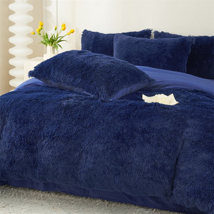 91家纺网 家纺一手货源 找家纺 品尚嘉家纺2025新款纯色水貂绒四件套长毛绒保暖套件藏青