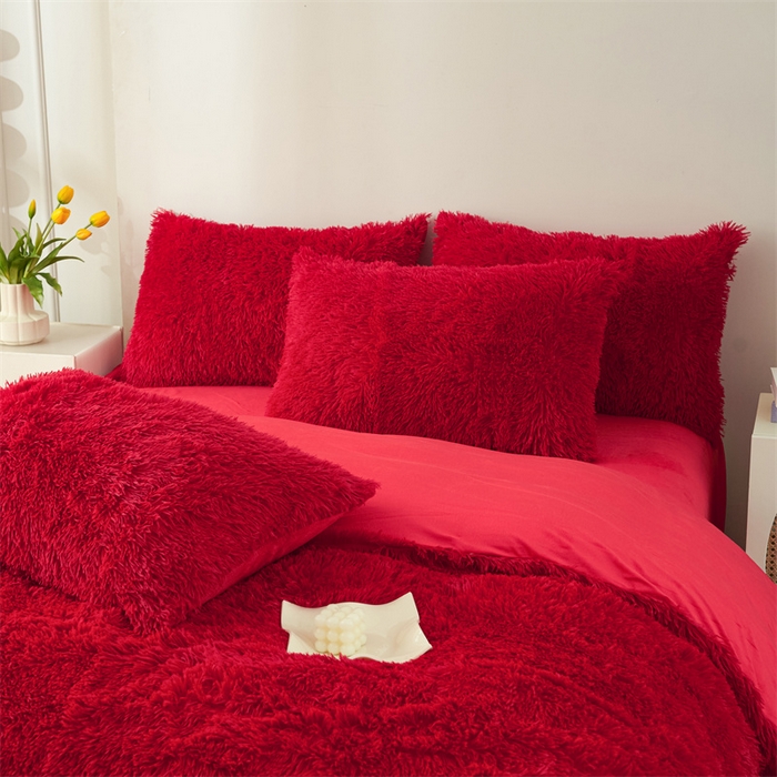 91家纺网 家纺一手货源 找家纺 品尚嘉家纺2025新款纯色水貂绒四件套长毛绒保暖套件大红