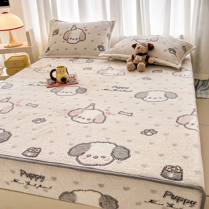 91家纺网 家纺一手货源 找家纺 倾慕家纺 2024新款加厚保暖6D立体雪花绒系列-单床笠 礼物小狗