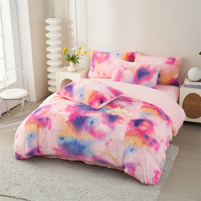 91家纺网 家纺一手货源 找家纺 品尚嘉家纺2025新款扎染水貂绒四件套长毛绒保暖套件扎染-新彩虹