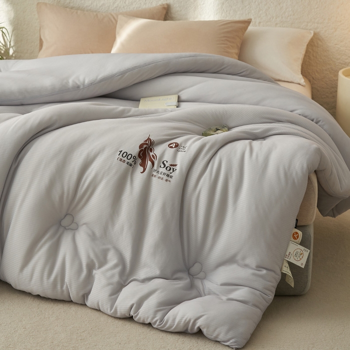 91家纺网 家纺一手货源 找家纺 2024新款b类针织简约条纹大豆冬被被子被芯 针织条纹-灰色