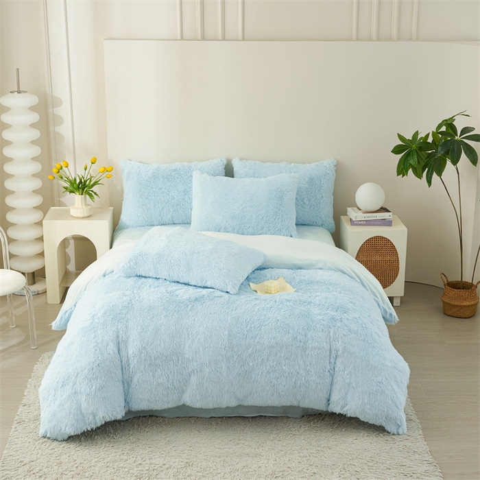 91家纺网 家纺一手货源 找家纺 品尚嘉家纺2025新款纯色水貂绒四件套长毛绒保暖套件水蓝