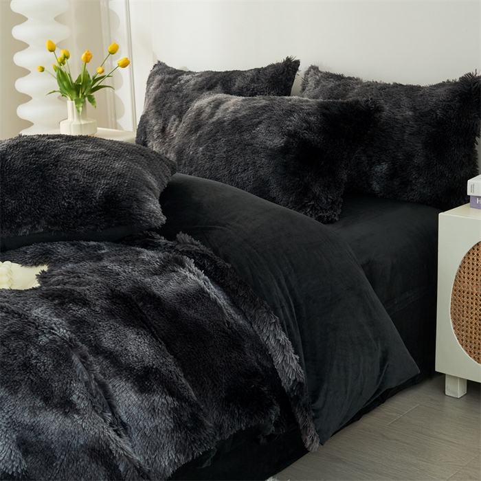 91家纺网 家纺一手货源 找家纺 品尚嘉家纺2025新款扎染水貂绒四件套长毛绒保暖套件扎染-黑色