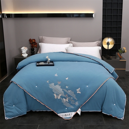 91家纺网 家纺一手货源 找家纺 恒鑫 2025新款全棉绣花桑蚕丝冬被春秋被拉链二合一子母被 青雾蓝