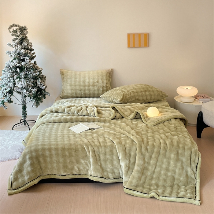 91家纺网 家纺一手货源 找家纺 欧邦 新款泡泡绒仿兔毛牛奶绒床笠可搭配同款毛毯（外贸供货） 泡泡芥黄