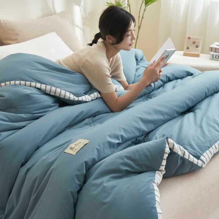 91家纺网 家纺一手货源 找家纺 2024新款b类简约条纹立体大豆纤维冬被被子被芯 条纹立体-黛蓝