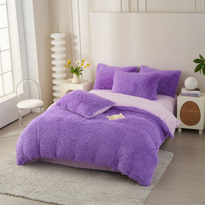 91家纺网 家纺一手货源 找家纺 品尚嘉家纺2025新款纯色水貂绒四件套长毛绒保暖套件浅紫