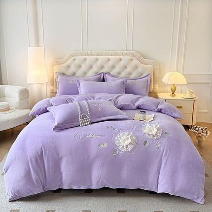 孟鑫家纺 2025新款加厚牛奶绒手工花绣花四件套莱茵花园系列 莱茵花园-葡萄紫