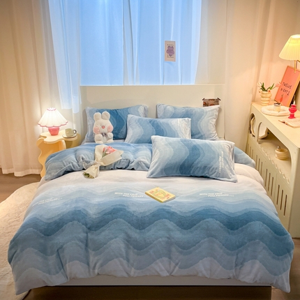 2024新款时尚高级经典轻奢北欧简约加厚200克牛奶绒四件套 绒-暮光蓝