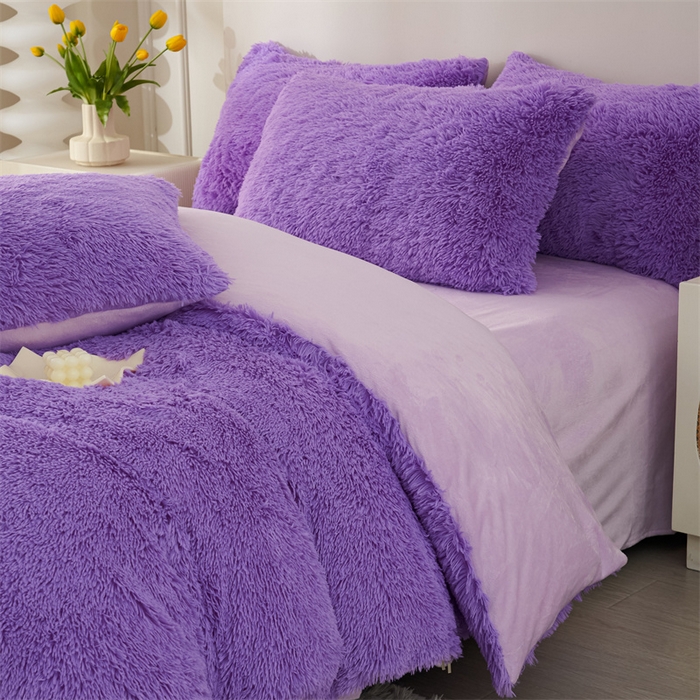 91家纺网 家纺一手货源 找家纺 品尚嘉家纺2025新款纯色水貂绒四件套长毛绒保暖套件浅紫