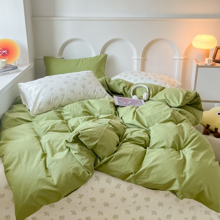 千朵 2024新款全棉水洗棉混搭双拼四件套 茶艺绿