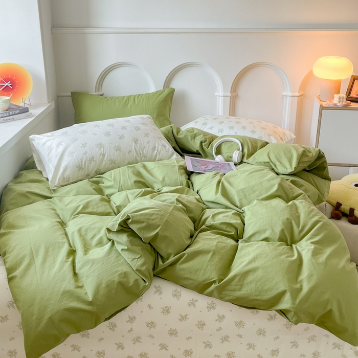 91家纺网 家纺一手货源 找家纺 千朵 2024新款全棉水洗棉混搭双拼四件套 茶艺绿