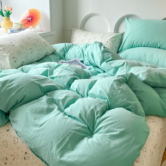 91家纺网 家纺一手货源 找家纺 千朵 2024新款全棉水洗棉混搭双拼四件套 猫咪湖绿